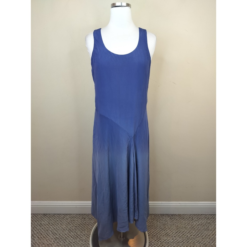 Eileen Fisher Silk Ombre Midi Dress XS Crepe De Chine Sleeveless Draped Blue